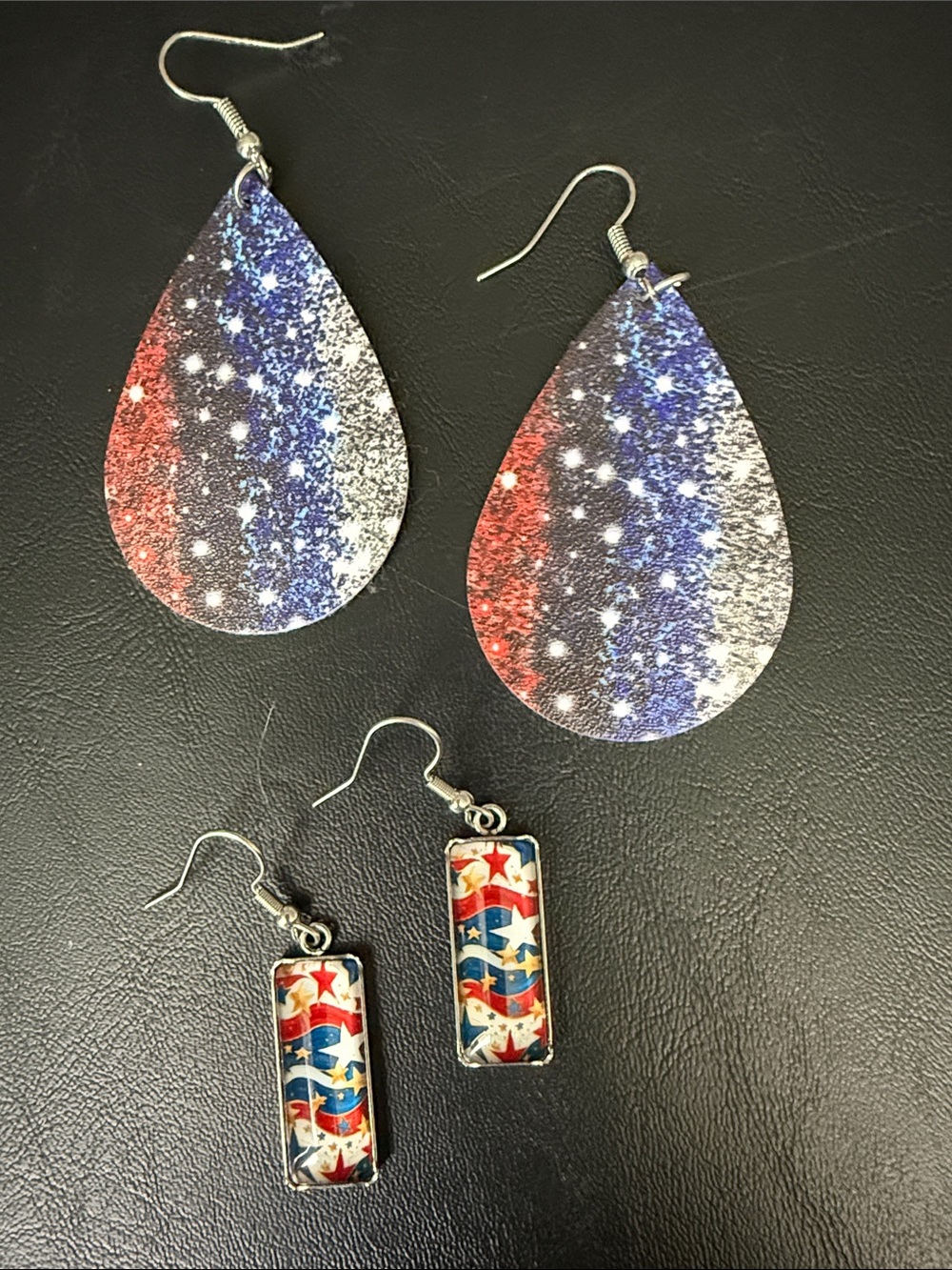 Patriotic Red White & Blue Teardrop and Rectangle Earrings Set